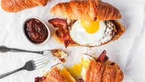 Smoked bacon and egg croissants with red pepper relish