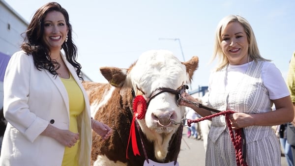 Deputy First Minister Emma Little-Pengelly and First Minister Michelle O'Neill pictured with 'Romeo' at the Balmoral Show