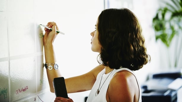 Businesswoman writing on office whiteboard
