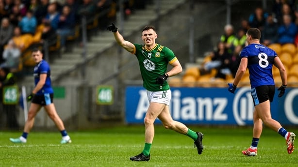 14 June 2025; Jordan Morris of Meath celebrates after scoring a point during the GAA Football All-Ireland Senior Championship Round 3 match between Kerry and Meath at Glenisk O'Connor Park in Tullamore, Offaly. Photo by Tom Beary/Sportsfile