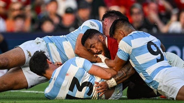 20 June 2025; Bundee Aki of British & Irish Lions scores his side's first try during the Lions 1888 Cup match between the British & Irish Lions and Argentina at the Aviva Stadium in Dublin. Photo by Brendan Moran/Sportsfile