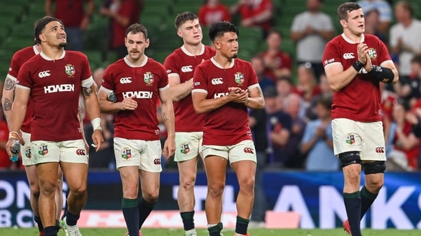 20 June 2025; British & Irish Lions players, including Marcus Smith, centre, dejected after the Lions 1888 Cup match between the British & Irish Lions and Argentina at the Aviva Stadium in Dublin. Photo by Ramsey Cardy/Sportsfile