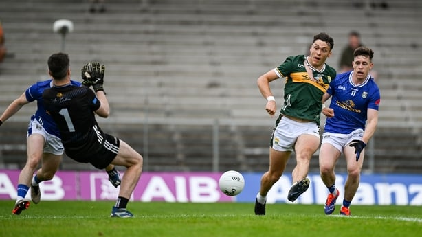 21 June 2025; David Clifford of Kerry scores his side's first goal past Cavan goalkeeper Liam Brady during the GAA Football All-Ireland Senior Championship preliminary quarter-final match between Kerry and Cavan at Fitzgerald Stadium in Killarney, Kerry. Photo by Brendan Moran/Sportsfile