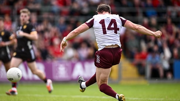 22 June 2025; Shane Walsh of Galway scores his side's first goal during the GAA Football All-Ireland Senior Championship preliminary quarter-final match between Down and Galway at Páirc Esler in Newry, Down. Photo by Ben McShane/Sportsfile