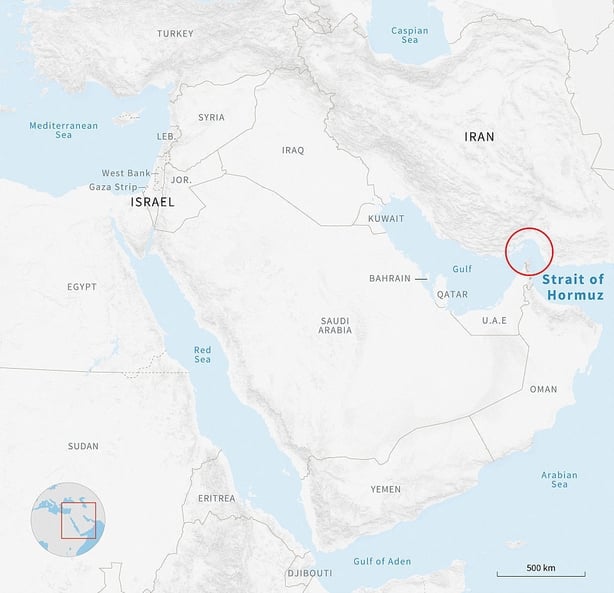 Infographic with a map of the Middle East showing the location of the Strait of Hormuz (Graphic by Jonathan WALTER and Anibal MAIZ CACERES / AFP)
