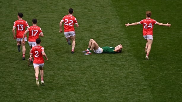 Eoghan Frayne lies djected at the full-time whistle in the Leinster finalSenior Championship final match between Louth and Meath at Croke Park in Dublin. Photo by Ben McShane/Sportsfile