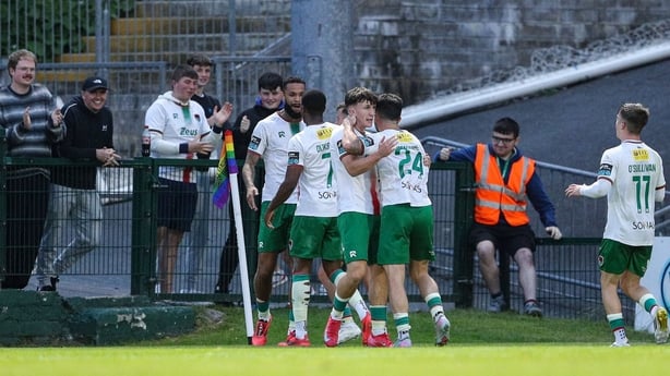 23 June 2025; Cork City players celebrate with Djenairo Daniels, back, after he scored his first goal during the SSE Airtricity Men's Premier Division match between Cork City and Drogheda United at Turner's Cross in Cork. Photo by Thomas Flinkow/Sportsfile