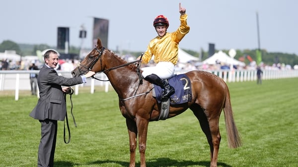 Gary Carroll celebrates after riding Cercene to win The Coronation Stakes on day four during Royal Ascot