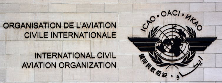 Signage on the headquarters of the International Civil Aviation Organization