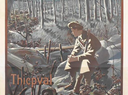 A soldier of the 36th (Ulster) Division sits beside a captured German trench, his rifle resting against him. He gazes across a desolate landscape of shattered trees towards a military graveyard. This poster is one of a series offering rail excursions to key sites and cemeteries along the Western Front following the end of hostilities.